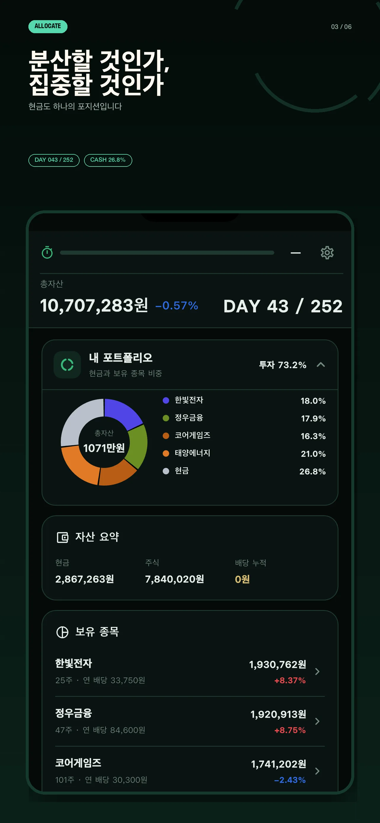 보유 종목이 있는 252 포트폴리오 아코디언